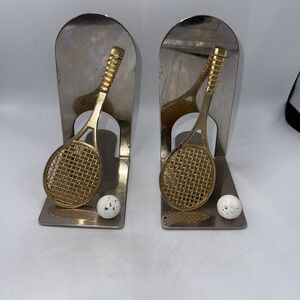 Set of Brass and Chrome Tennis Racket Bookends 5.5" Tall Vintage MCM